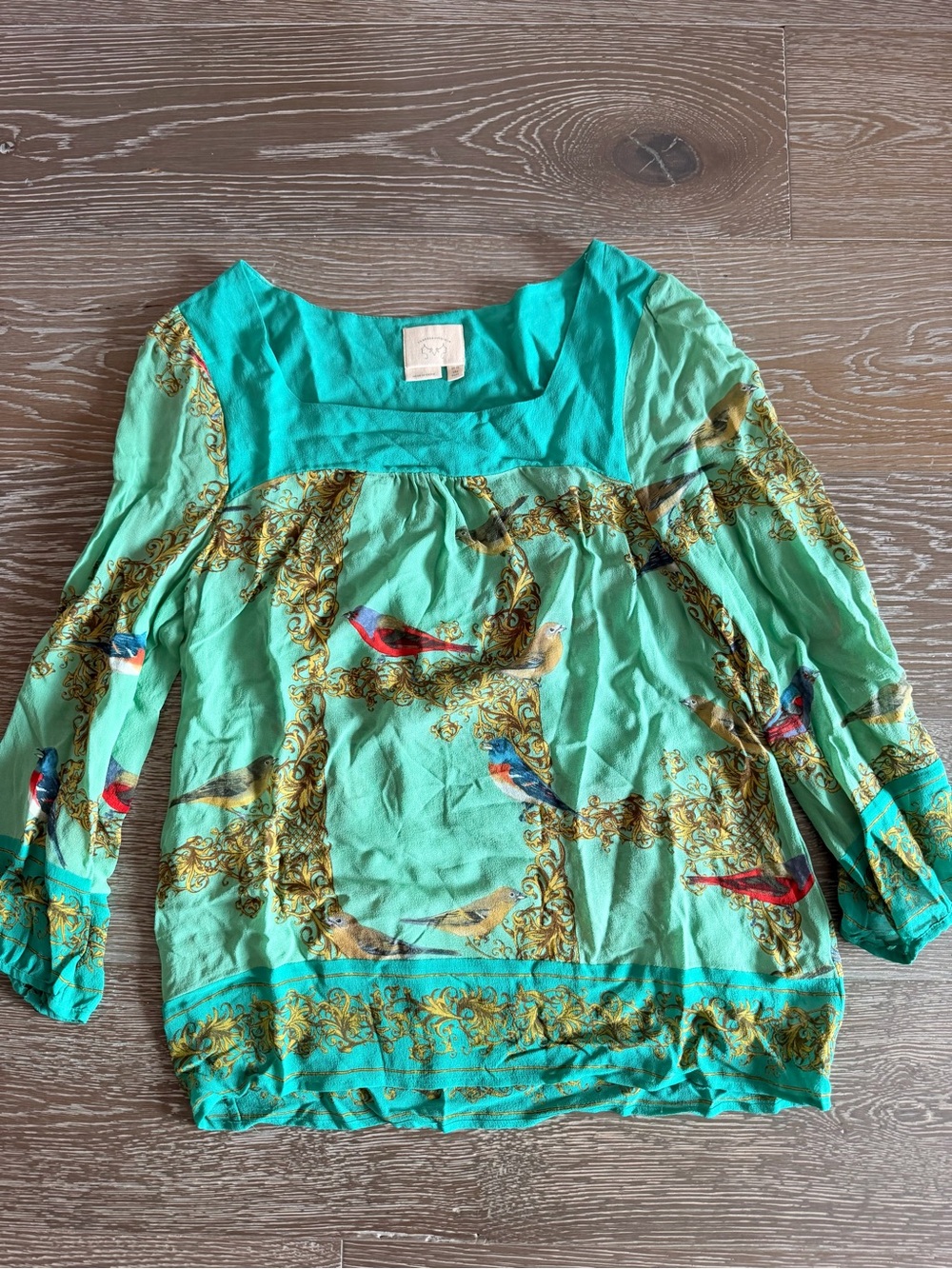 Anthropologie Teal & Mint Bird-Print Peasant Blouse